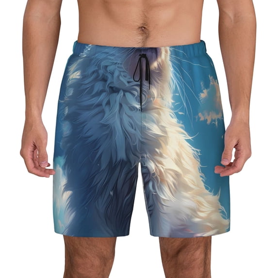 Kdxio Clear Sky Blue Cat Print Men's Swim Trunks with Compression Liner 7 Inch Inseam Quick Dry Swim Shorts