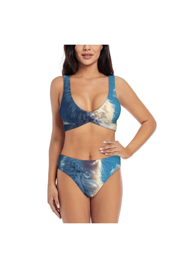 Clear Sky Blue Cat Print Women's 2 Piece High Waisted Wrap Spaghetti Strap Summer Swimsuit Bikini Set-Medium