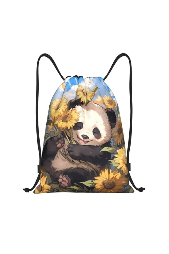 Clear Sky Cute Sunflower Panda Print Drawstring Backpack Bag,Waterproof Draw String Back Sack, Gym Drawstring Bags Swim Bag For Unisex