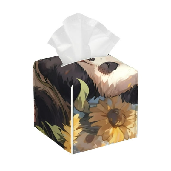 Kdxio Clear Sky Cute Sunflower Panda Print Tissue Box Cover,Square Decorative PU Leather Facial Paper Case Organizer Holder Dispenser for Bathroom,Night Stands,Desk,Car 5.2''X5.2''X5.2''