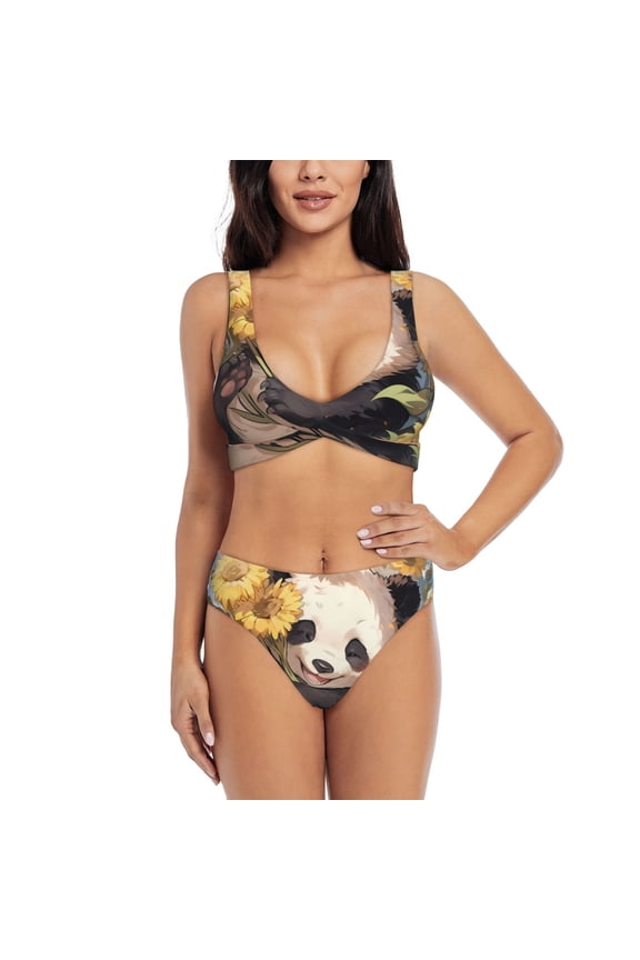 Clear Sky Cute Sunflower Panda Print Women's 2 Piece High Waisted Wrap Spaghetti Strap Summer Swimsuit Bikini Set-Medium