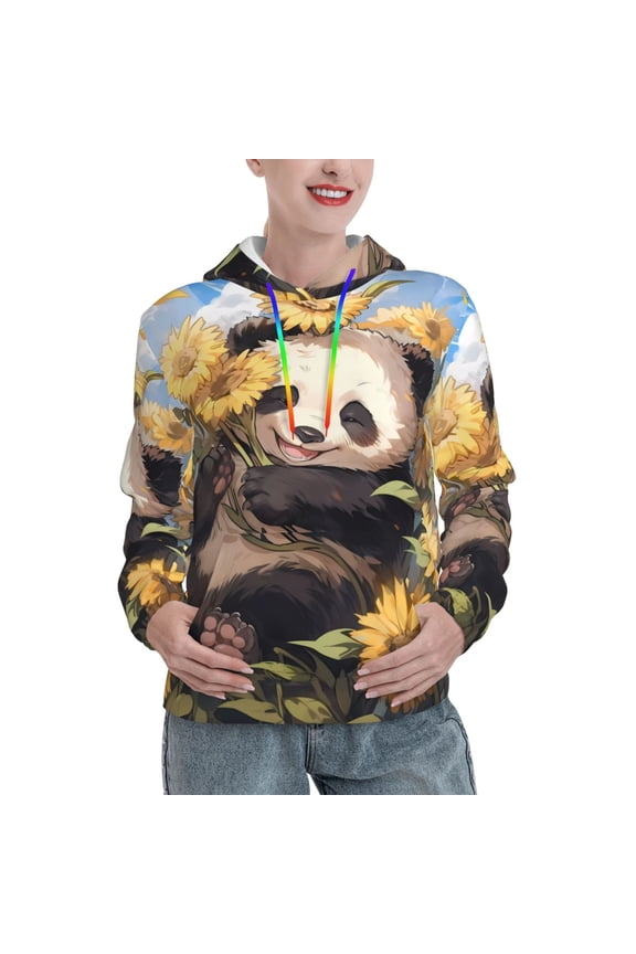 Clear Sky Cute Sunflower Panda Print Womens Oversized Hoodies Sweatshirts Hooded Pullover Tops Sweaters Casual-Large