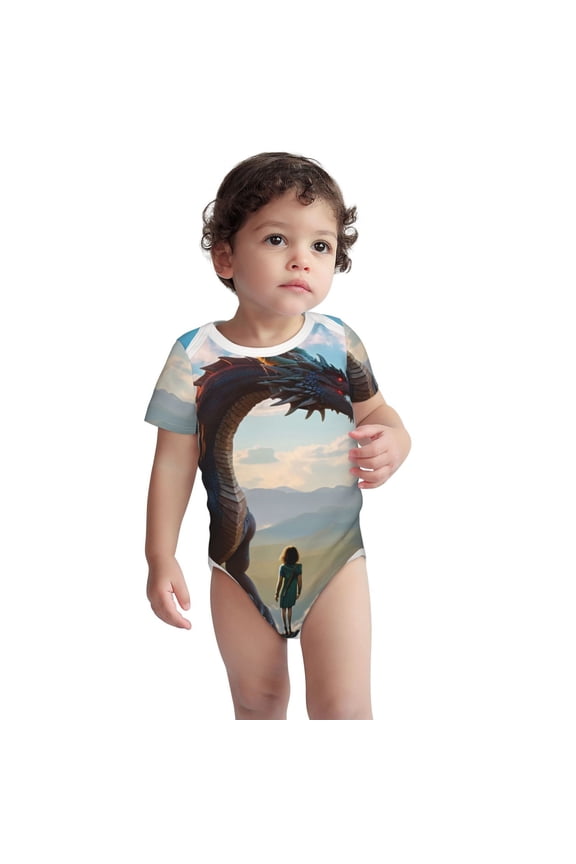 Clear Sky Mountain Red Dragon Pattern Unisex Baby Cotton Short Sleeve Bodysuits-2 Years