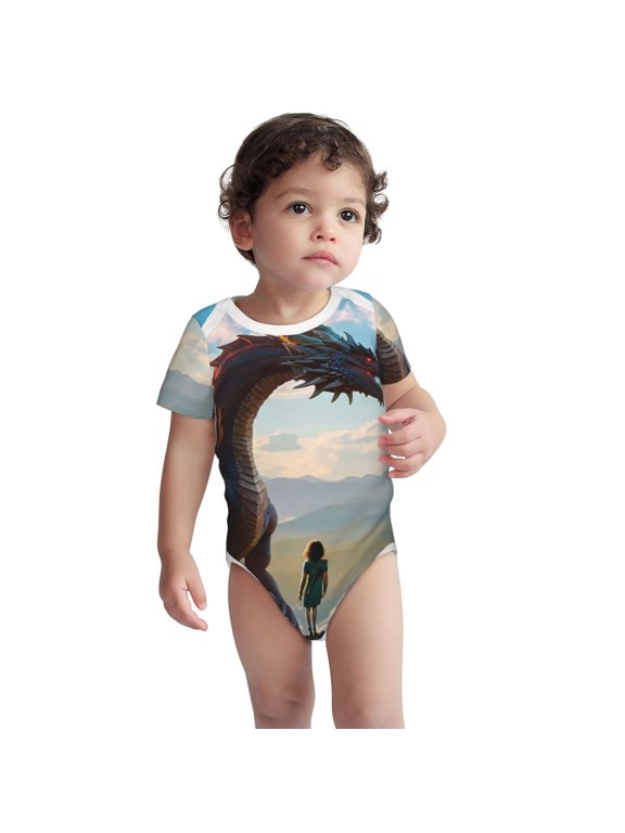 Clear Sky Mountain Red Dragon Pattern Unisex Baby Cotton Short Sleeve Bodysuits-6 Months