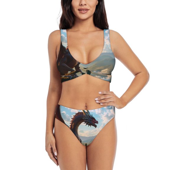 Kdxio Clear Sky Mountain Red Dragon Print Women's 2 Piece High Waisted Wrap Spaghetti Strap Summer Swimsuit Bikini Set-Large