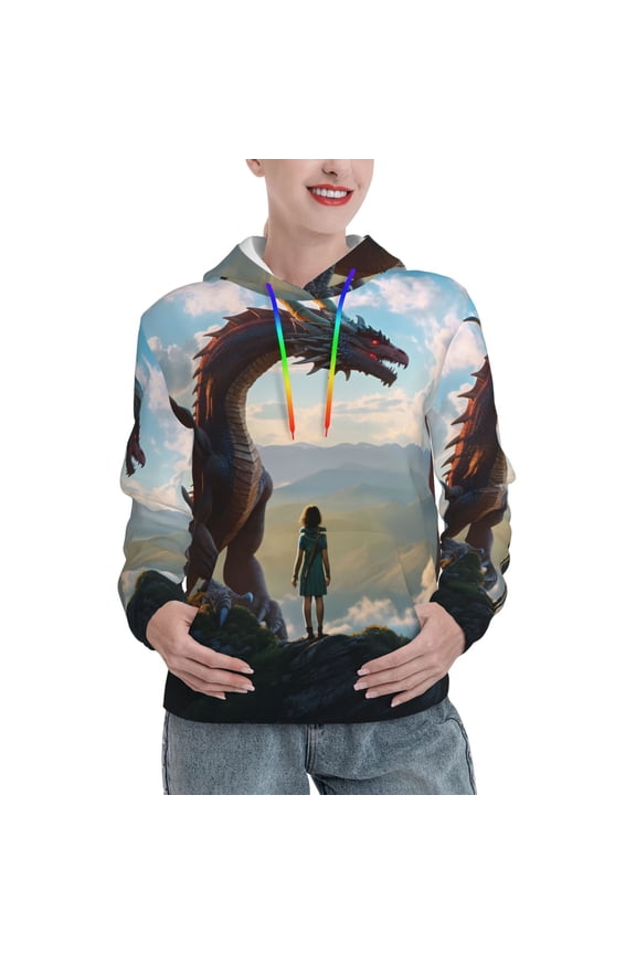 Clear Sky Mountain Red Dragon Print Womens Oversized Hoodies Sweatshirts Hooded Pullover Tops Sweaters Casual-Medium