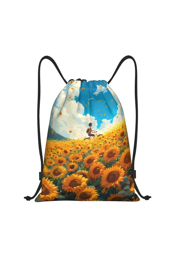 Clear Sky Sunflower Print Drawstring Backpack Bag,Waterproof Draw String Back Sack, Gym Drawstring Bags Swim Bag For Unisex