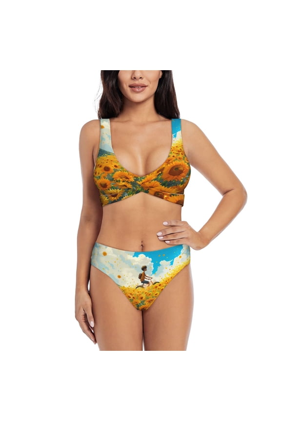 Clear Sky Sunflower Print Women's 2 Piece High Waisted Wrap Spaghetti Strap Summer Swimsuit Bikini Set-Large