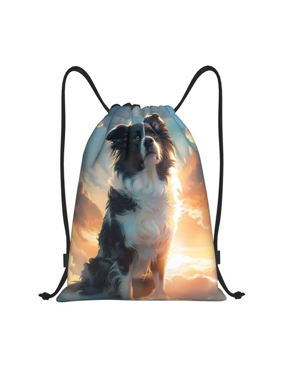 Cloud Border Collie Print Drawstring Backpack Bag,Waterproof Draw String Back Sack, Gym Drawstring Bags Swim Bag For Unisex