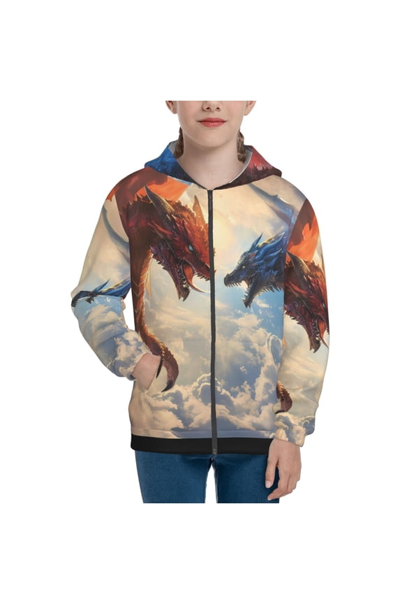 Cloud Red And Blue Dragon Pattern Kids Boys Girls Zip Up Hoodie 3D Printed Hooded Sweatshirt Hoody Coat with Pocket 7-12 Y-Small