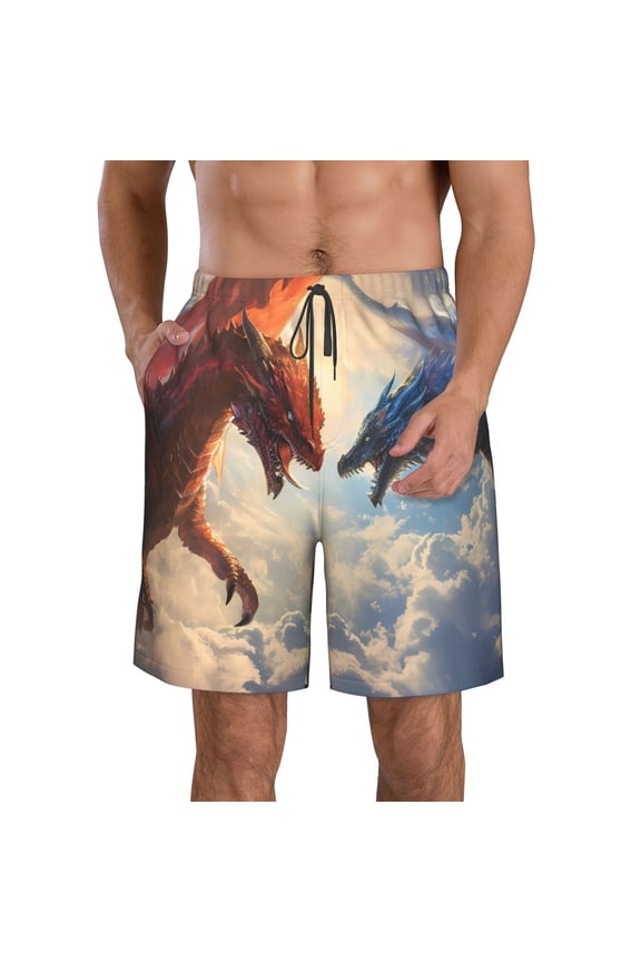 Cloud Red And Blue Dragon Pattern Mens Casual Shorts - Drawstring Summer Beach Sports Shorts for Men