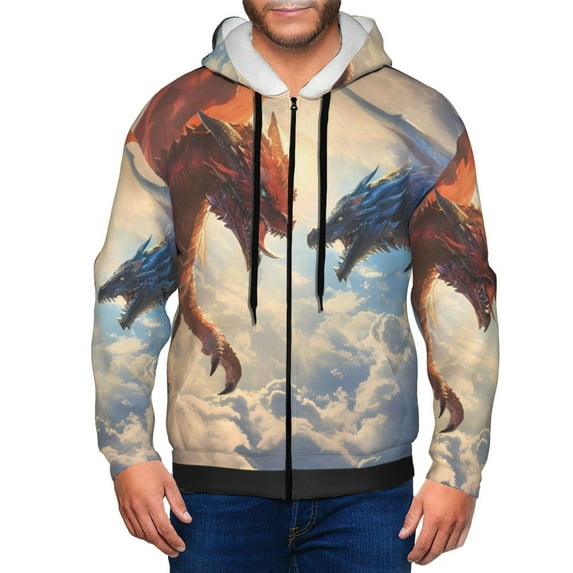 Kdxio Cloud Red And Blue Dragon Print Men Hoodies Casual Hoodies for Men with Zip Pockets Full Zip Long Sleeve Sweatshirt Sports Hooded Jacket-Medium