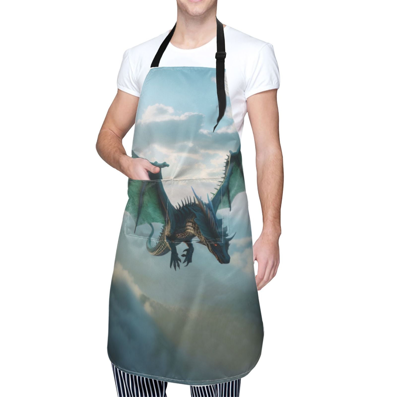 Kdxio Cloud Sky Green Dragon Apron with Pockets Adjustable Kitchen Aprons for Men Women Waterproof Aprons for Cooking,Drawing,Crafting, Baking Household Cleaning