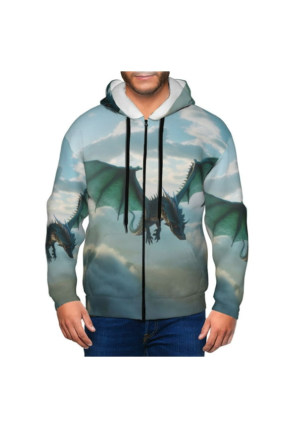 Cloud Sky Green Dragon Print Men Hoodies Casual Hoodies for Men with Zip Pockets Full Zip Long Sleeve Sweatshirt Sports Hooded Jacket-Large