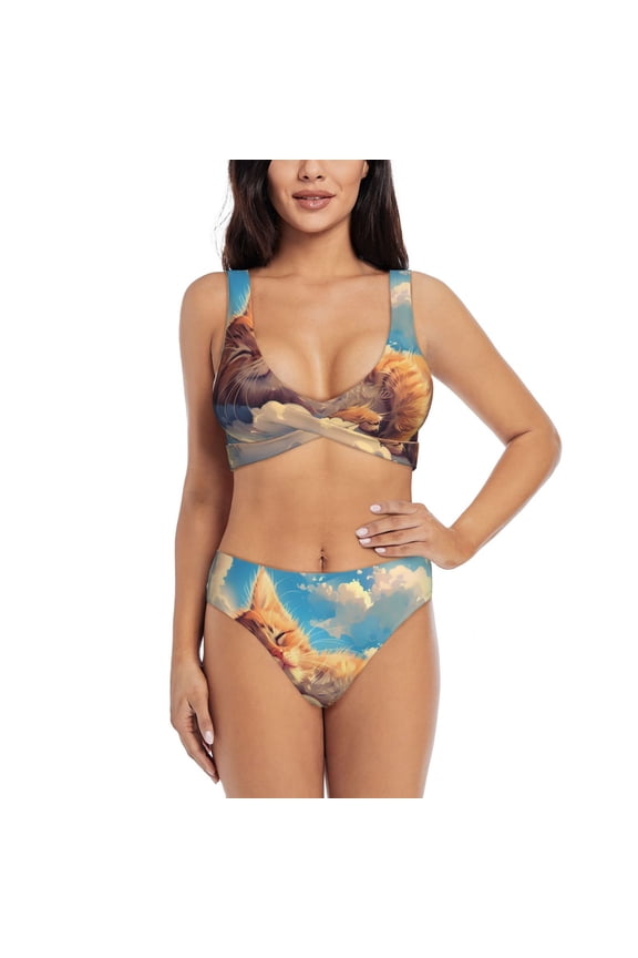 Cloud Sleeping Cat Print Women's 2 Piece High Waisted Wrap Spaghetti Strap Summer Swimsuit Bikini Set-Small