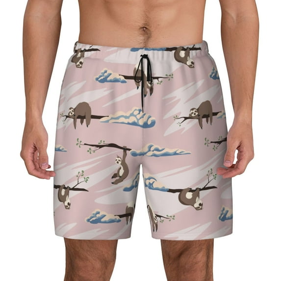 Kdxio Cloud Sloth Print Men's Swim Trunks with Compression Liner 7 Inch Inseam Quick Dry Swim Shorts