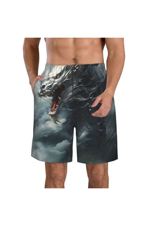 Cloud White Dragon Pattern Mens Casual Shorts - Drawstring Summer Beach Sports Shorts for Men