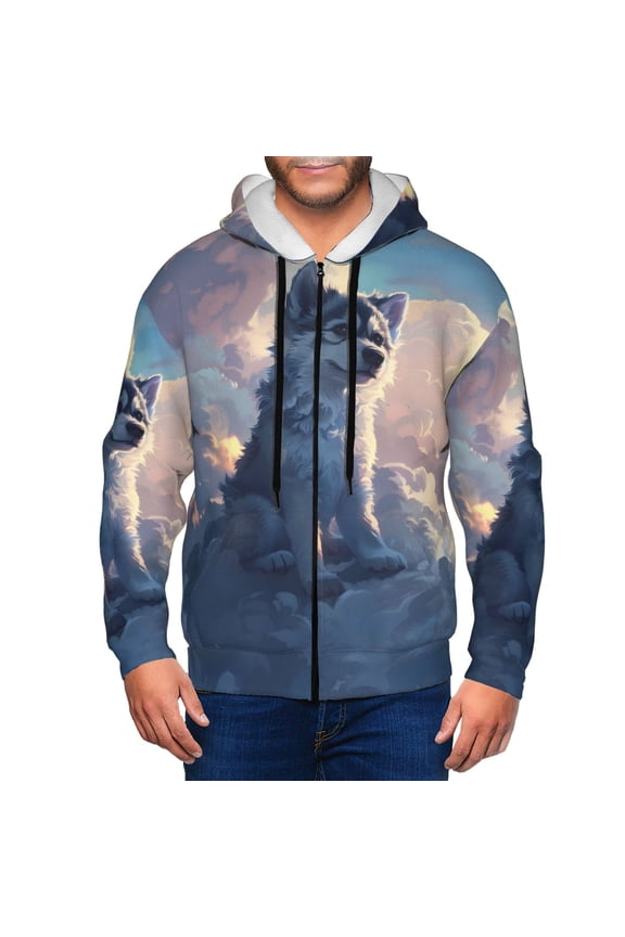 Cloud Wolf Print Men Hoodies Casual Hoodies for Men with Zip Pockets Full Zip Long Sleeve Sweatshirt Sports Hooded Jacket-Small