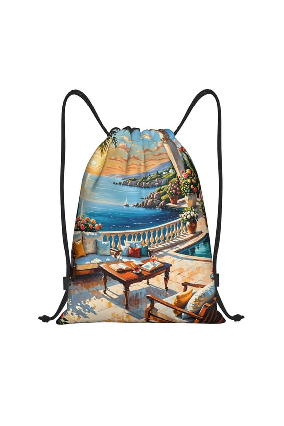 Coastal Style Garden Villa Print Drawstring Backpack Bag,Waterproof Draw String Back Sack, Gym Drawstring Bags Swim Bag For Unisex