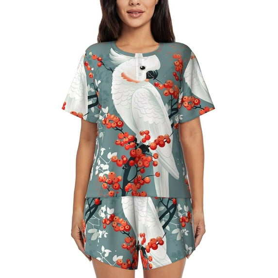 Kdxio Cockatoo Red Berries Print Pajamas Sets for Women Short-Sleeved Pjs with Lounge Shorts Two Piece Sleepwear S-4XL