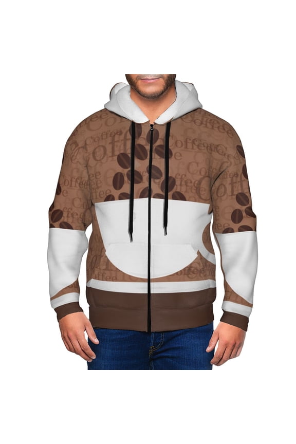 Coffee Cafe Cup Print Men Hoodies Casual Hoodies for Men with Zip Pockets Full Zip Long Sleeve Sweatshirt Sports Hooded Jacket-XX-Large