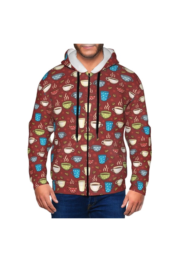 Coffee Cups Print Men Hoodies Casual Hoodies for Men with Zip Pockets Full Zip Long Sleeve Sweatshirt Sports Hooded Jacket-X-Large