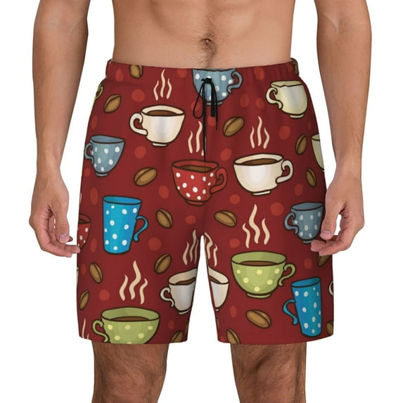 Kdxio Coffee Cups Print Men'S Swim Trunks With Compression Liner 7 Inch Inseam Quick Dry Swim Shorts