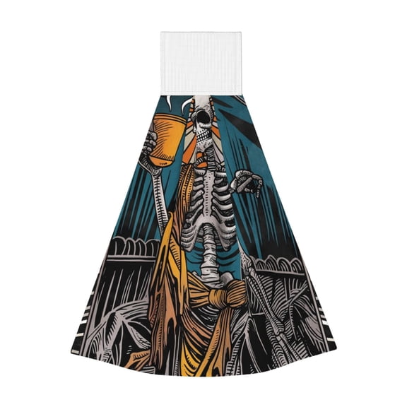 Kdxio Coffee-Drinking Skull Hand Towel with Loop Hanging Towel Absorbent Tie Towels for Kitchen Tea Bar Bathroom Decor