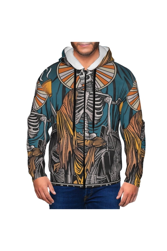 Coffee-Drinking Skull Print Men Hoodies Casual Hoodies for Men with Zip Pockets Full Zip Long Sleeve Sweatshirt Sports Hooded Jacket-Large