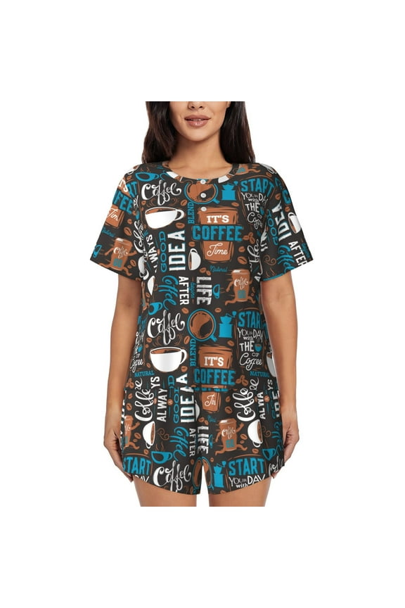 Coffee Lover Print Print Pajamas Sets for Women Short-Sleeved Pjs with Lounge Shorts Two Piece Sleepwear S-4XL