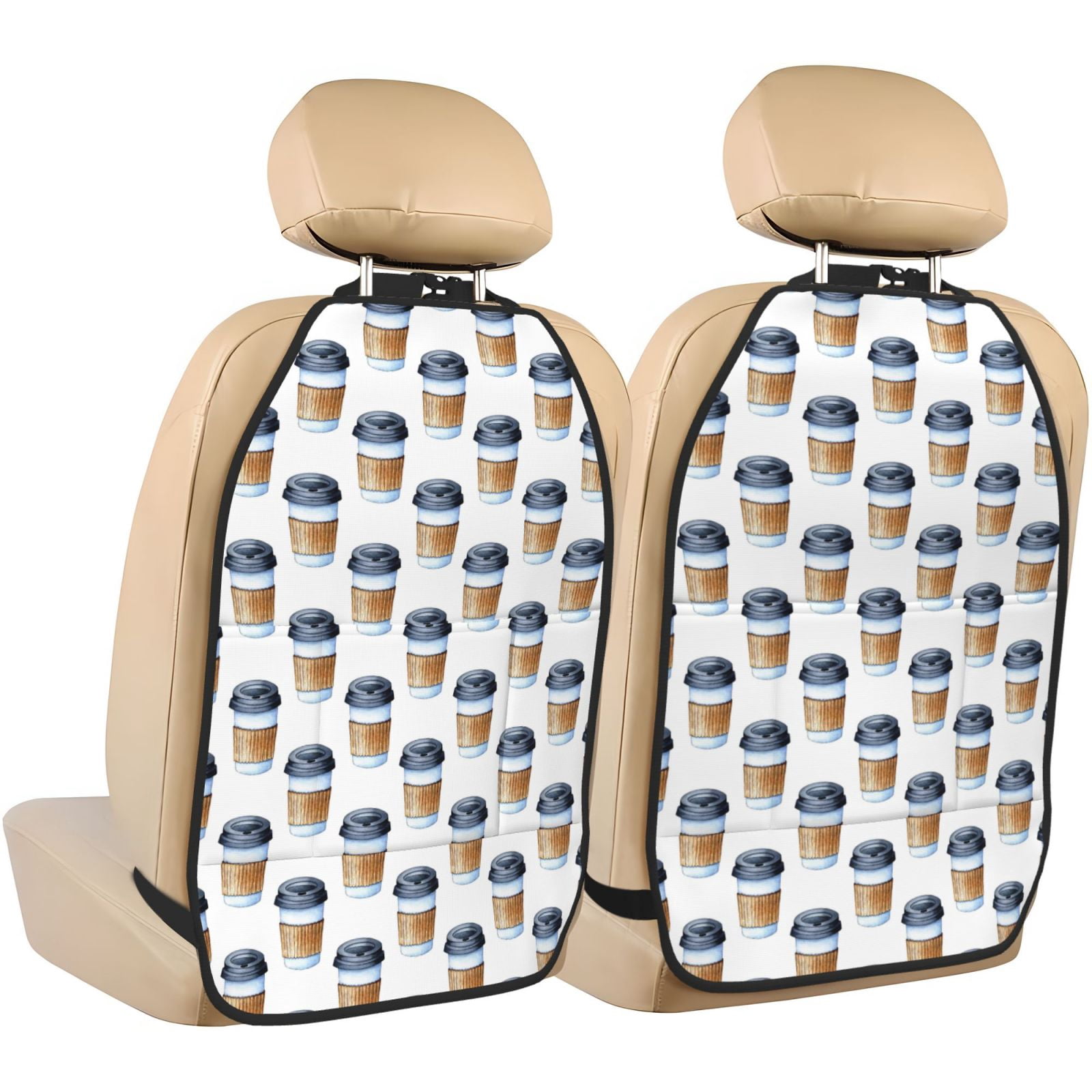 Kdxio Coffee To Go Pattern Print 2 Pack Car Kick Mat Seat Cover Back Protector Mat with Pockets for Organizer Backseat Protector and Storage Anti Kick Pad for Vehicles