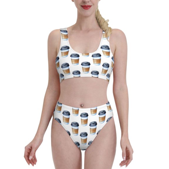 Kdxio Coffee To Go Pattern for Womens High Waisted Bikini Top Sports Style Two Piece Bathing Suits