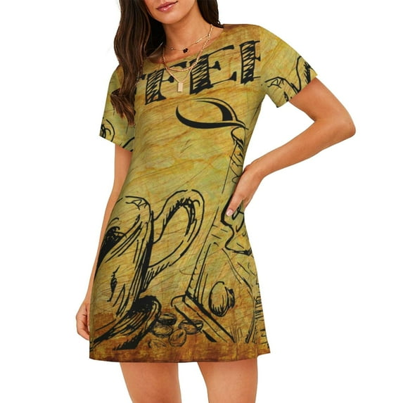 Kdxio Coffee Vintage Pattern Womens Short Sleeve Sleepshirt Scoopneck Cute Nightdress Ruffle Comfy Nightgown