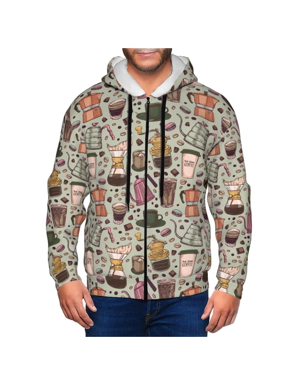 Coffee pots cup Print Men Hoodies Casual Hoodies for Men with Zip Pockets Full Zip Long Sleeve Sweatshirt Sports Hooded Jacket-3X-Large