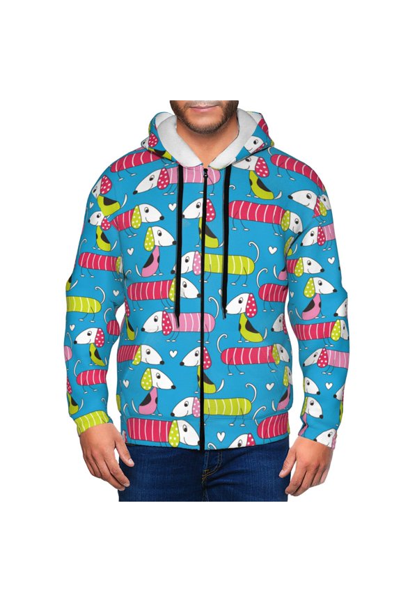 Color Dachshund Dog Print Men Hoodies Casual Hoodies for Men with Zip Pockets Full Zip Long Sleeve Sweatshirt Sports Hooded Jacket-3X-Large