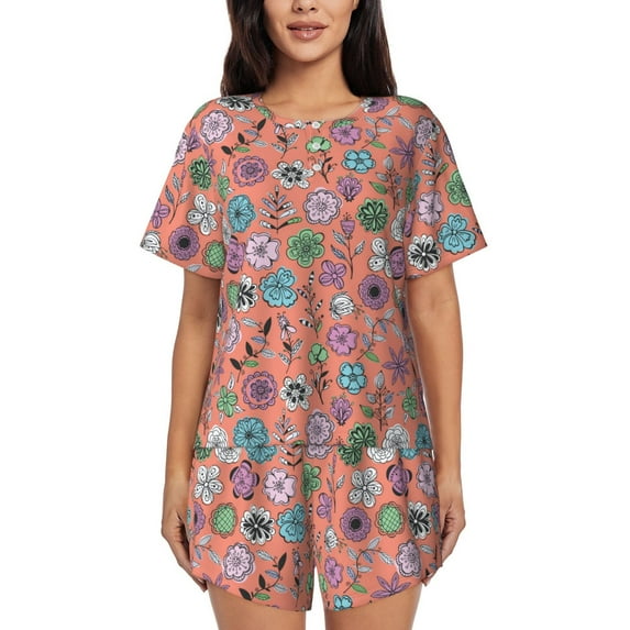 Kdxio Color Flowers Print Pajamas Sets for Women Short-Sleeved Pjs with Lounge Shorts Two Piece Sleepwear S-4XL