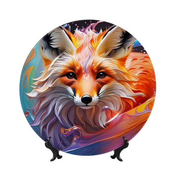 Kdxio Color Splash Fox Portrait Bone China Decorative Plate Ceramic Decorative Plate for Home Office Wall Stand Decorative Plates for Home Bedroom-7in