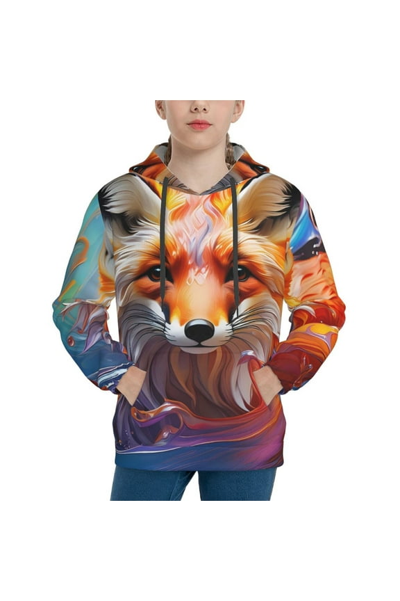 Color Splash Fox Portrait Pattern Boys Athletic Unisex Boys Girls Hoodie with Pocket Sweatshirts-Large