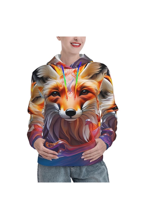 Color Splash Fox Portrait Print Womens Oversized Hoodies Sweatshirts Hooded Pullover Tops Sweaters Casual-Medium