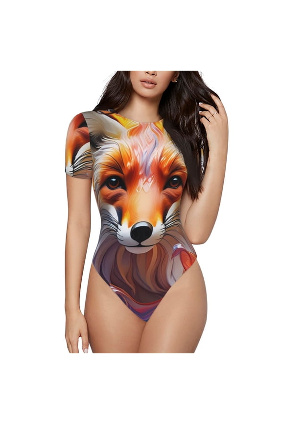 Color Splash Fox Portrait for Women's Short-Sleeved Onesie Stylish Round Neck Pajamas Bodysuit Jumpsuit Nightwear-Small