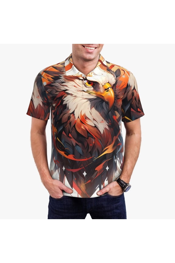 Colorful Abstract Eagle Print Men's Short Sleeve Polo Shirt,Midweight Men's Shirt-4X-Large
