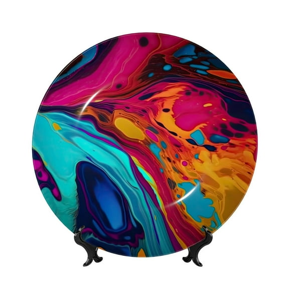 Kdxio Colorful Abstract Swirls Bone China Decorative Plate Ceramic Decorative Plate for Home Office Wall Stand Decorative Plates for Home Bedroom-7in