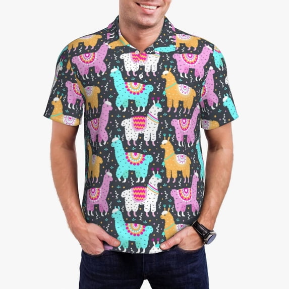 Kdxio Colorful Alpaca Print Men's Short Sleeve Polo Shirt,Midweight Men's Shirt