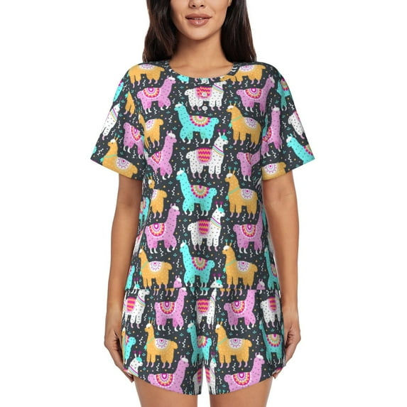 Kdxio Colorful Alpaca Print Pajamas Sets for Women Short-Sleeved Pjs with Lounge Shorts Two Piece Sleepwear S-4XL