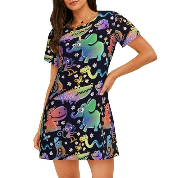 Kdxio Colorful Animals Pattern Womens Short Sleeve Sleepshirt Scoopneck Cute Nightdress Ruffle Comfy Nightgown