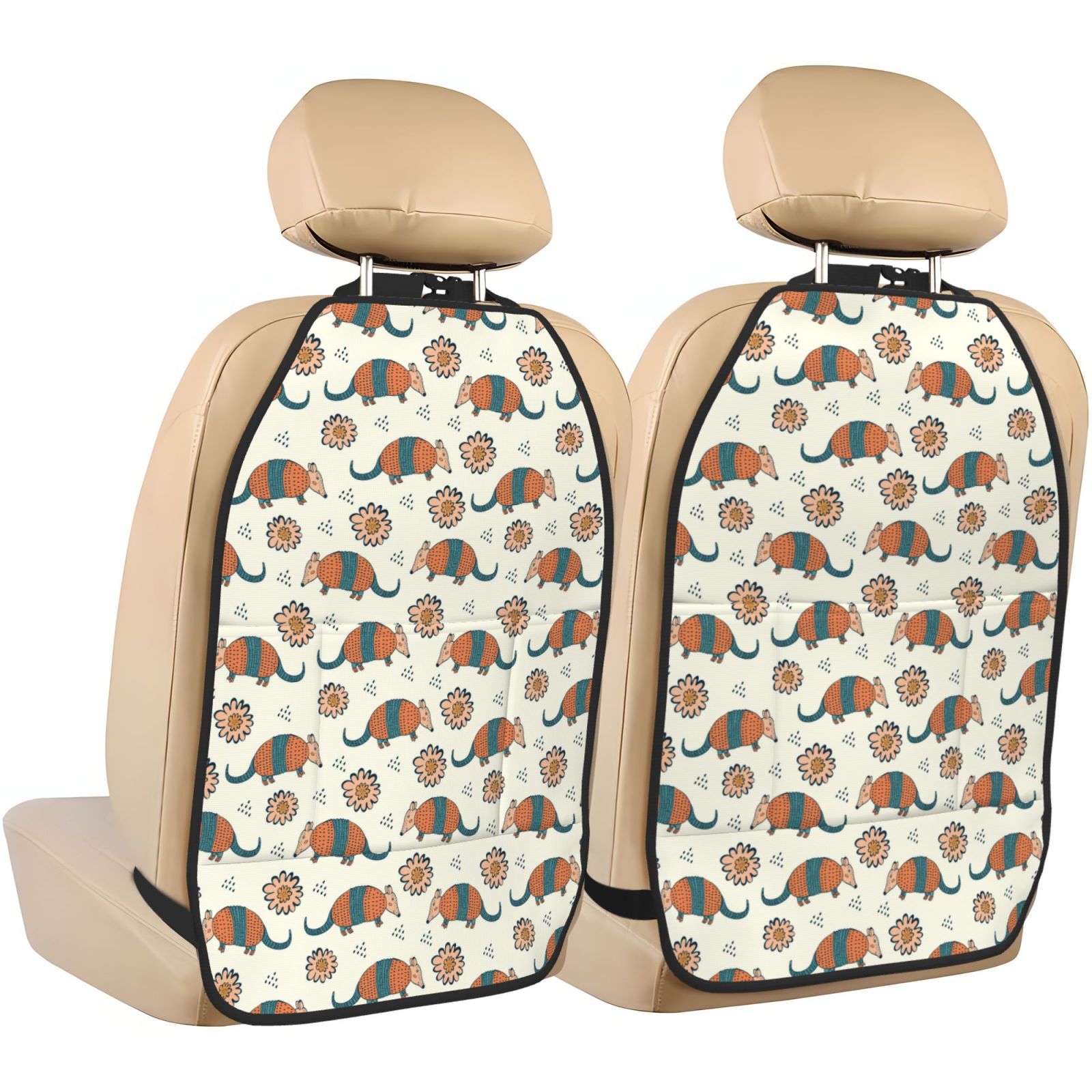 Kdxio Colorful Armadillos1 Print 2 Pack Car Kick Mat Seat Cover Back Protector Mat with Pockets for Organizer Backseat Protector and Storage Anti Kick Pad for Vehicles