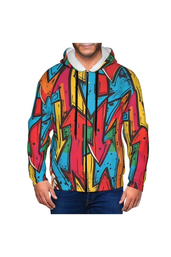 Colorful Arrow Graffiti Pattern Print Men Hoodies Casual Hoodies for Men with Zip Pockets Full Zip Long Sleeve Sweatshirt Sports Hooded Jacket-Large