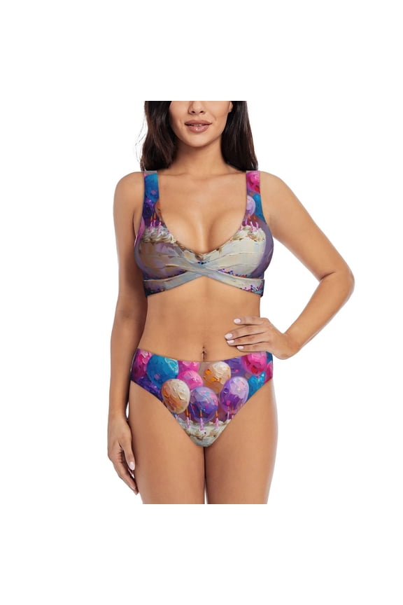 Colorful Balloon Cake Celebration Print Women's 2 Piece High Waisted Wrap Spaghetti Strap Summer Swimsuit Bikini Set-XX-Large