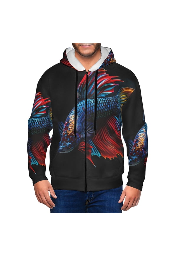 Colorful Betta Fish Print Men Hoodies Casual Hoodies for Men with Zip Pockets Full Zip Long Sleeve Sweatshirt Sports Hooded Jacket-Medium