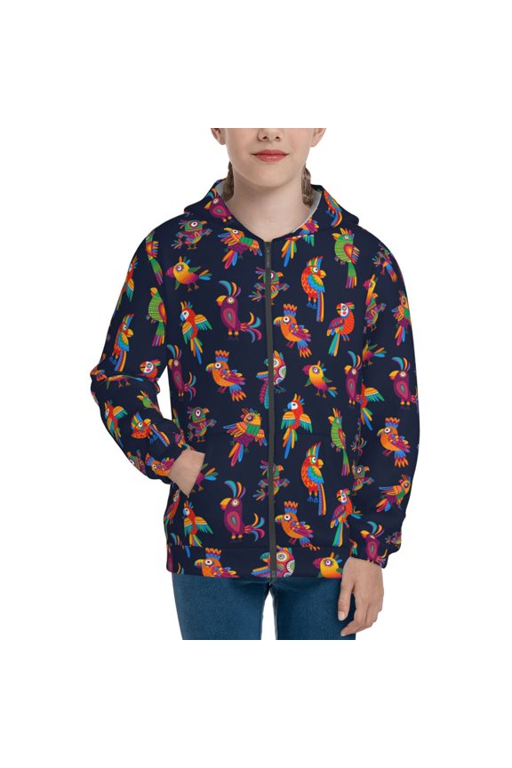 Colorful Birds Pattern Kids Boys Girls Zip Up Hoodie 3D Printed Hooded Sweatshirt Hoody Coat with Pocket 7-12 Y-Medium